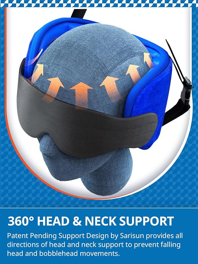 SARISUN Travel Pillows for Airplanes, Airplane Pillow with 3D Eye Mask for Sleeping, 360° Support Headrest for Long Flight, Road Trip, Stop Bobblehead Travel Essential Airplane Sleep Head Strap, Blue
