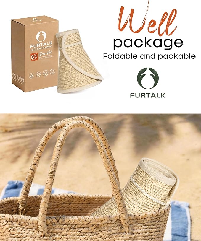 FURTALK Sun Hats for Women Wide Brim Beach Hat Straw Visor Ponytail Summer UV Packable Foldable Beach Vacation Essentials