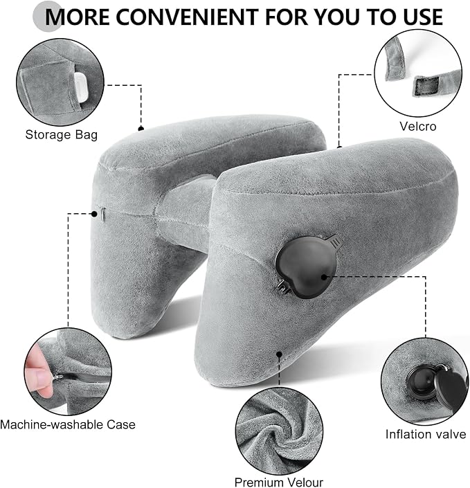 Sunany Travel Neck Pillow for Airplane Pillow Comfortably Supports Head, Neck and Chin, Inflatable Travel Pillow with Soft Velour Cover and Portable Drawstring Bag (Black) (Grey, H)
