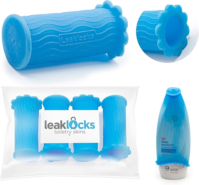 LeakLocks® Toiletry Skins™ Elastic Sleeve for Leak Proofing Travel Container in Luggage. For Standard and Travel Sized Toiletries. Reusable Accessory for Travel Bag Suitcase and Carry-on Luggage