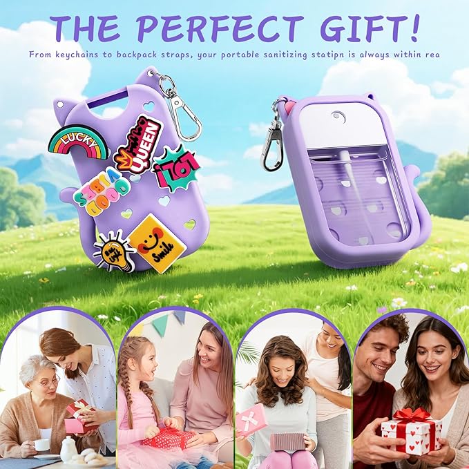 Cat Silicone Case with Keychain & 6 Accessories, Compatible with Touchland Hand Sanitizer Spray Power Mist 1 FL OZ/30ML, Featuring Croc-Style Decorative Holes (Purple)