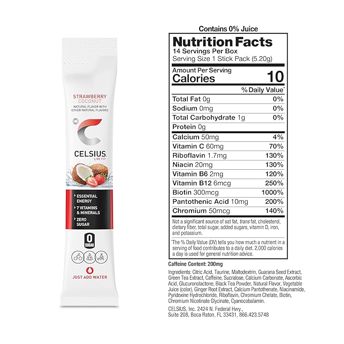 CELSIUS On The Go Strawberry Coconut, Sugar Free Energy Drink Mix (14 Sticks per Pack)