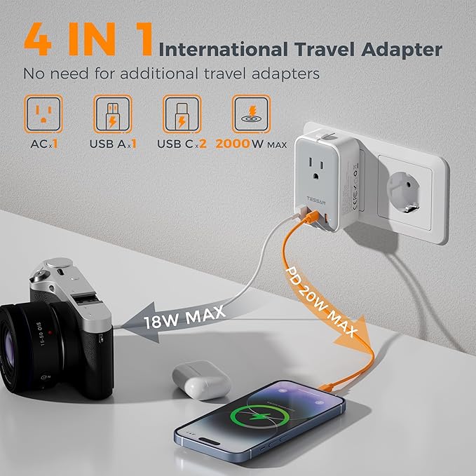 TESSAN Universal Travel Adapter PD 20W, Ultra Thin International Power Adapter 2 USB C 1 USB A, Worldwide Power Plug Adaptor for USA to European UK Italy Ireland New Zealand (Type C/G/A/I), Grey
