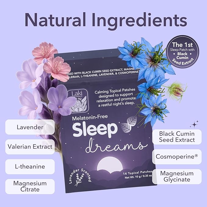 Laki Naturals Sleep Dreams Patch for Adults (1 Count, Pack of 14) – Melatonin-Free Overnight Calming Patches with Black Cumin Seed Oil Extract, Magnesium, Valerian & Lavender – Natural Bedtime Support
