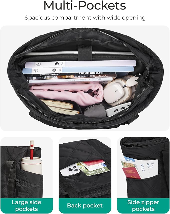 BAGSMART Tote Bag for Women, 20L Puffer Work Tote with Zipper, Quilted Nurse Bag for Travel College