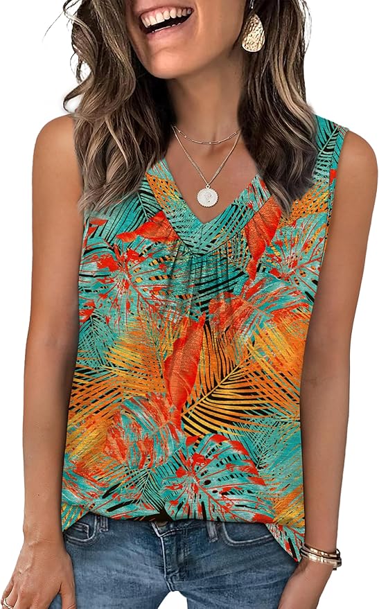 OFEEFAN Tank Top for Women Loose Fit Sleeveless Shirts V Neck Summer Clothes Ruched Women's Tees and Tanks Curved Hem