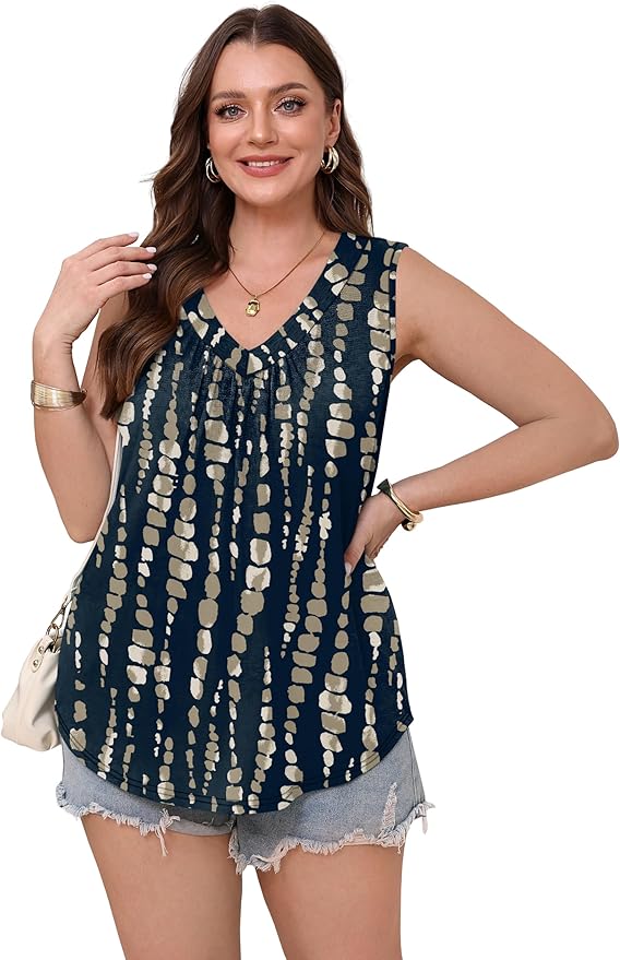 OFEEFAN Tank Top for Women Loose Fit Sleeveless Shirts V Neck Summer Clothes Ruched Women's Tees and Tanks Curved Hem
