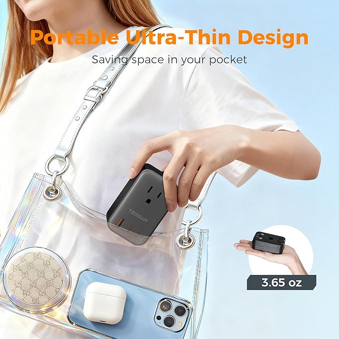 TESSAN Travel Adapter PD 20W, Universal Power Adapter 2 USB C 1 USB A, Ultra Thin International Plug Adaptor Worldwide Outlet for US to European UK Italy Spain New Zealand (Type C G A I), 1 Pack