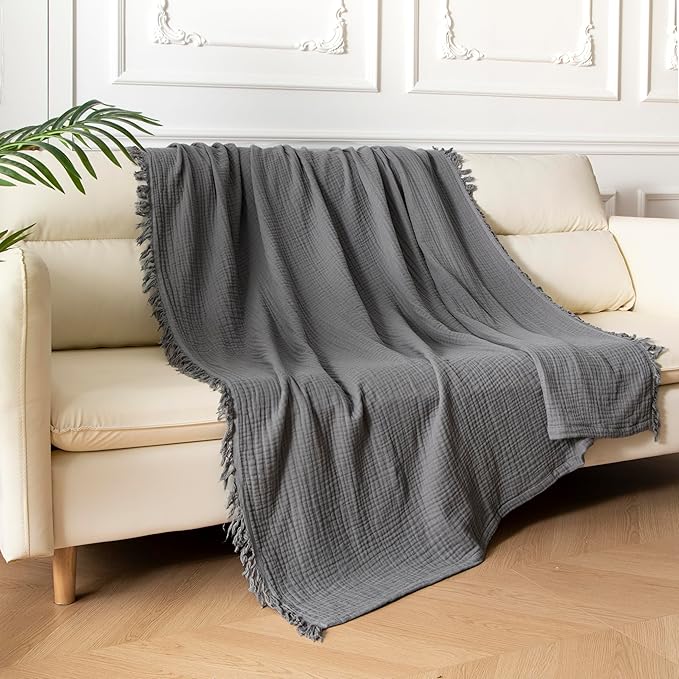 KyraHome 100% Cotton Throw Blanket for Couch, 60"x80" Large Muslin Blankets for Adults, Plant-Dyed, Breathable Cozy Lightweight Summer Blanket, Picnic, Travel, All Season, Dark Grey