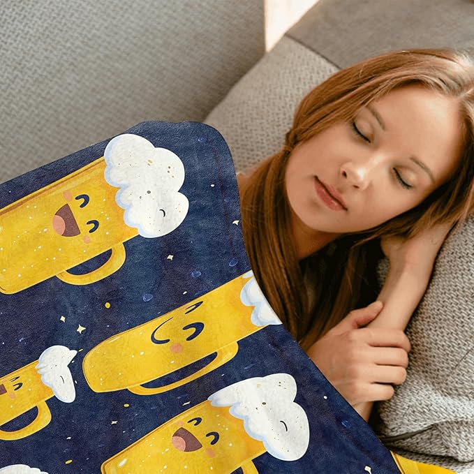Cheerful Beer Mug Throw Blanket,50x60in,Soft,Lightweight Flannel,Cartoon Smiling Beers Blankets - Gifts for Women Men,for Couch Office Travel,Home Living Room Fun Decor