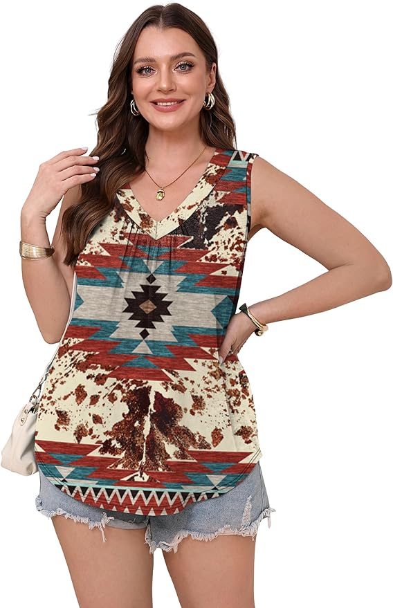 OFEEFAN Tank Top for Women Loose Fit Sleeveless Shirts V Neck Summer Clothes Ruched Women's Tees and Tanks Curved Hem