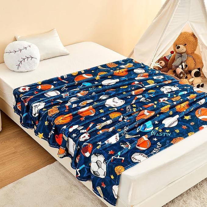 Wajade Sports Blanket for Boys,Soft Fleece 3D Soccer Basketball Baseball Football Kids Blanket for Couch Sofa Bedroom, Fuzzy Ball Throws for Kids Boys Teens,50"x60"