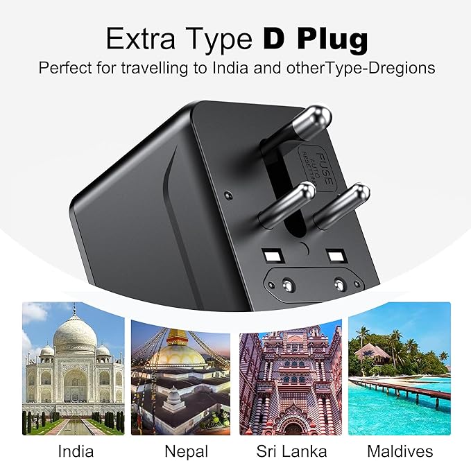 VYLEE Universal Travel Adapter, 2 USB-C & 2 USB-A Worldwide Plug Adapter with 1 Universal AC Outlet, Type A D I G C International Plug Adapter for US, India, Europe, UK, Maldives, Sri Lanka(Black)