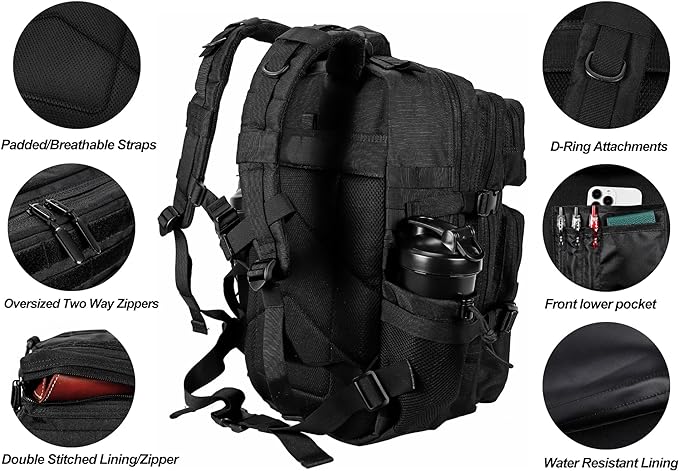 LHI Military Tactical Backpack for Men and Women 45L Army 3 Days Assault Pack Bag Large Rucksack with Molle System - Black