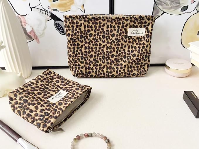 HAPPYHEIDI Leopard Print Makeup Bag with Pocket Large Cosmetic Toiletry Travel Pouch, Small Accessory Organizer Bag, Soft Corduroy Fabric, Brown Cheetah, 8.5x2x6.5 Inches