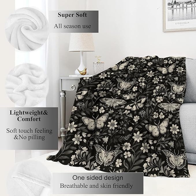 Moth Blanket Classic Vintage Goth Throw Blankets Gifts for Women Lightweight Soft Fleece Cozy for Halloween Sofa Couch Bed Room Travel Birthday Decor Black White Floral Flower Design 50x60in