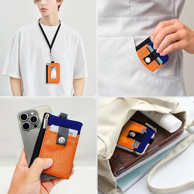 Minimalist RFID Blocking Small Wallet with ID Window,WaterResistant Zip Id Case Wallet with Lanyard Keychain for Cards,Cash,Travel,Women,Men (Orange/Sapphire Blue)