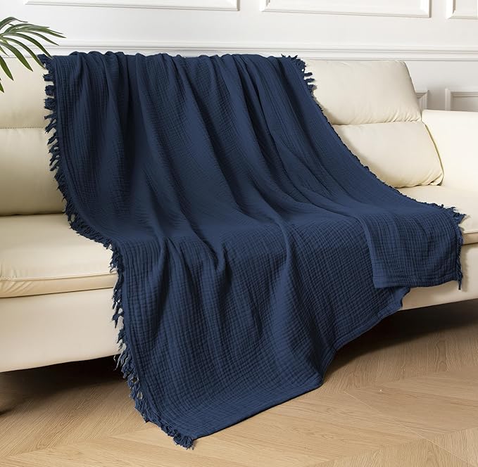 KyraHome Muslin Blankets for Adults, 50"x60" 100% Organic Cotton Throw Blanket, Plant Dyed, Breathable, Lightweight Gauze Cotton Blanket for Couch, Bed, Travel, All Season (Navy Blue)