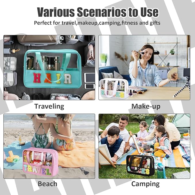 BuyCard Chenille Letter Patch Clear Travel Bags, Preppy PVC&Nylon Makeup Bag with Handle and Zipper, Waterproof Large Clear Travel Toiletry Bag Storage Bag for Women Girls