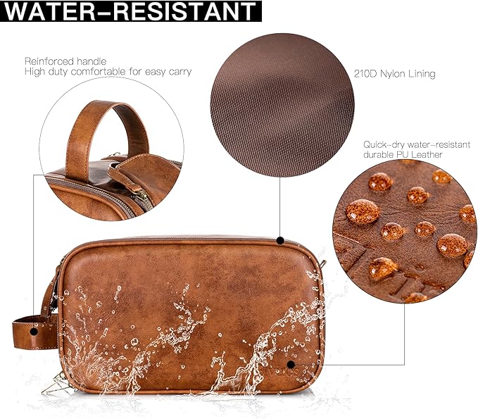 Elviros Toiletry Bag for Men, Large Travel Shaving Dopp Kit Water-resistant Bathroom Toiletries Organizer PU Leather Cosmetic Bags Fathers Day Gift (Medium, Brown)