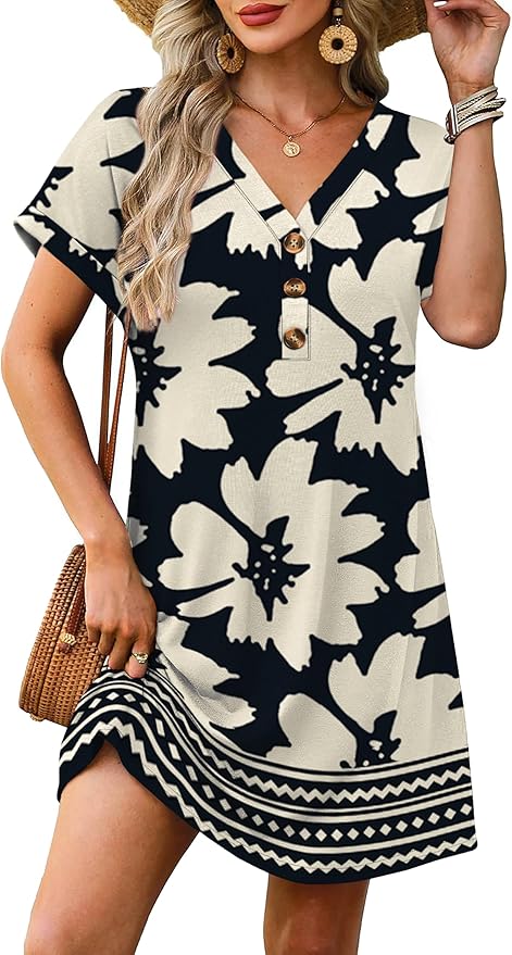 WIHOLL Summer Dresses for Women with Sleeves Midi Dress Button Down Beach Vacation Casual Dresses Fashion Clothing