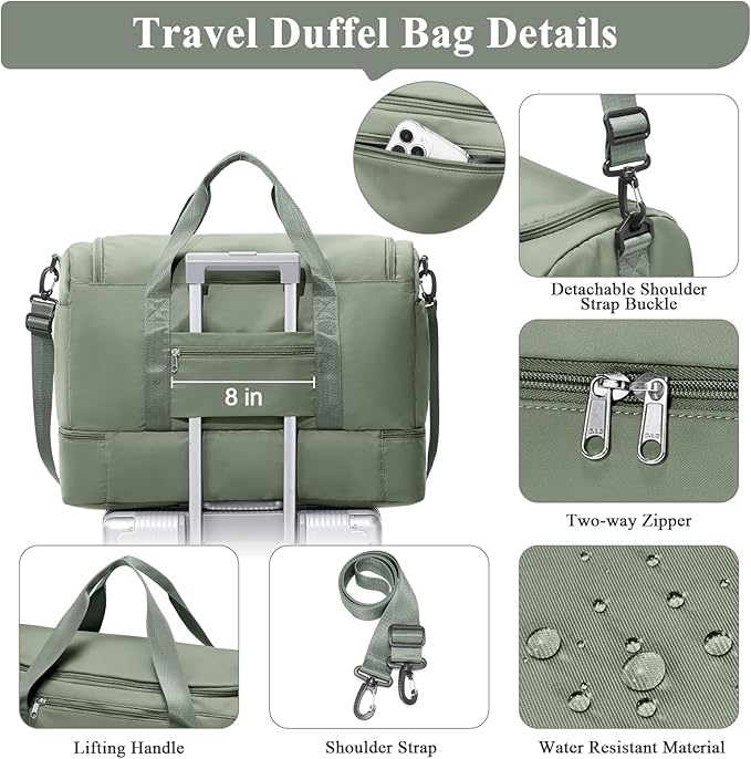 Travel Duffel Bag for Women, Carry-on Overnight Weekender Bags with Wet Pocket & Toiletry Bag, For Spirit Airlines 18x14x8 Personal Item Bag,Small,Olive Green