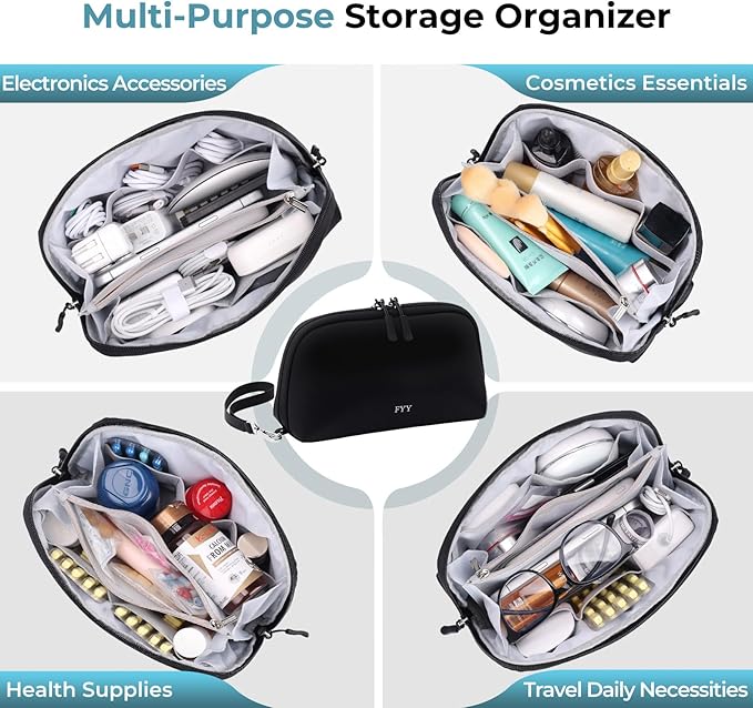 FYY Travel Cable Organizer - 8 Compartments Lightweight Water Resistant Tech Pouch with Wrist Strap, Portable Electronic Accessories Case for Cord Charger Storage for Travel Home Office Black (Large)