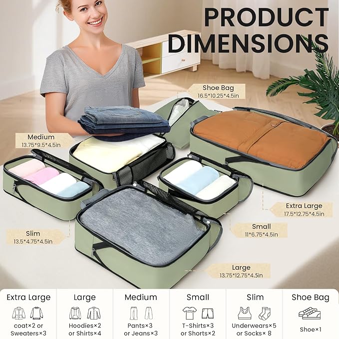 BAGAIL 4 Set/6 Set/8 Set Compression Packing Cubes Travel Accessories Expandable Packing Organizers (Half Mesh, 6-Matcha Green)