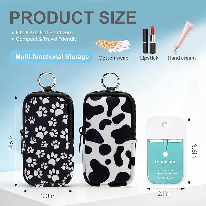 KJQJLY 2 Pack Hand Sanitizer Holder Pouch, Zippered Portable Sanitizer Case with Cute Pattern, Keychain D-Ring for Purse, Backpack & Travel