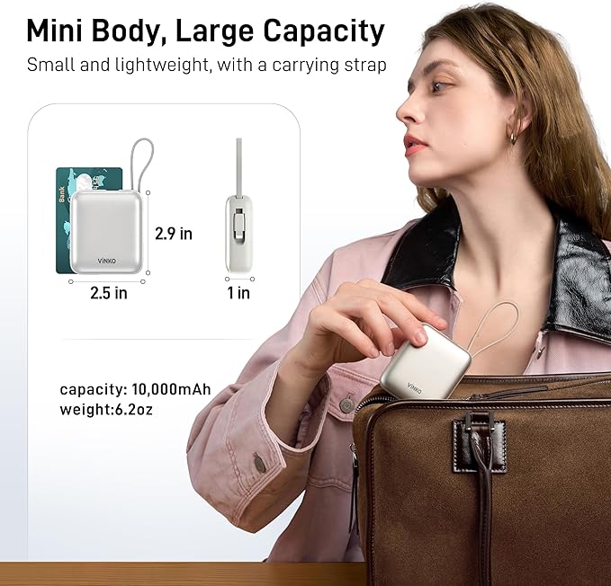 VINKO Small Portable Charger, 22.5W Fast Charging Mini Power Bank 10000mAh with Built-in Cables, Travel Essential USB-C Battery Pack Compatible with iPhone 17/16/15, Samsung S25/24, Android (White)