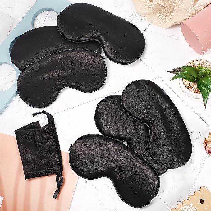 6 Pieces Natural Silk Sleep Mask Soft Eye Mask Adjustable Strap Blindfold Eyeshade Smooth Comfortable Eye Cover with Bag for Sleeping(Black)