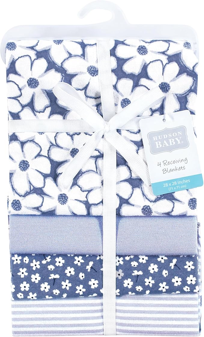 Hudson Baby Unisex Baby Cotton Flannel Receiving Blankets 4-Pack, Blue Cosmos, One Size