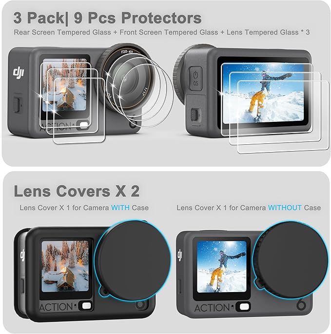 FiTSTILL Silicone Rubber Case+3Pack Tempered Glass Protector Compatible for DJI Osmo Action 6,Rubber Case&Lens Caps&Screen Protectors&Lanyardfor Protective Full Cover Shell Action6 Accessories Kit
