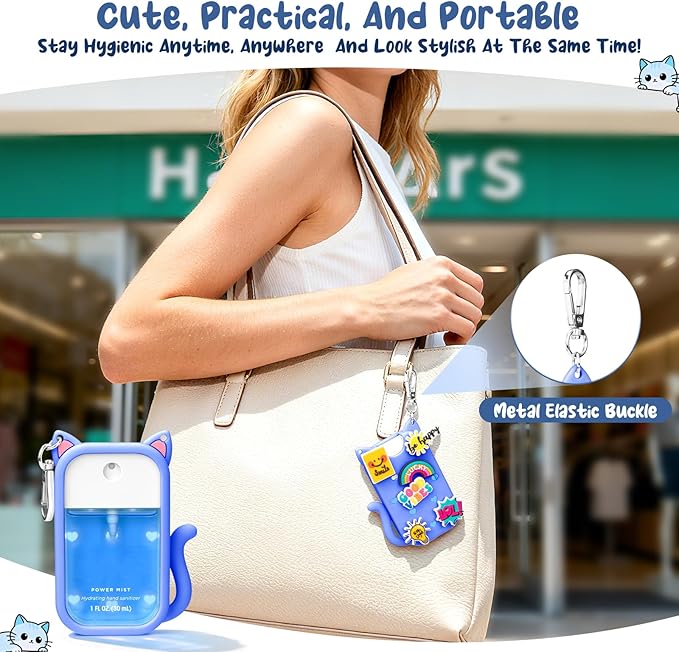Cat Silicone Case for Touchland Hand Sanitizer Spray with Keychain, Compatible with Power Mist & Glow Mist 1 FL Oz/30ML for Touchland Case, with Charms Accessory Cute Travel Cover Sleeve Blue