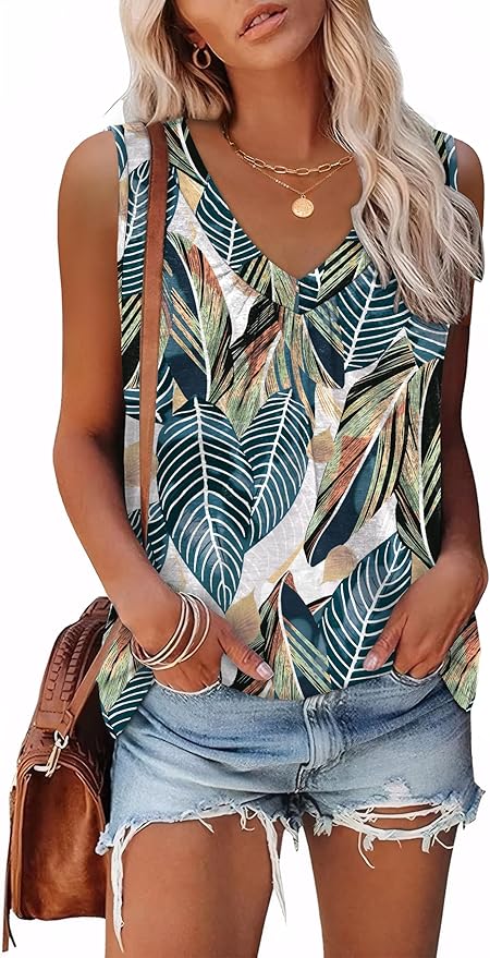 OFEEFAN Tank Top for Women Loose Fit Sleeveless Shirts V Neck Summer Clothes Ruched Women's Tees and Tanks Curved Hem