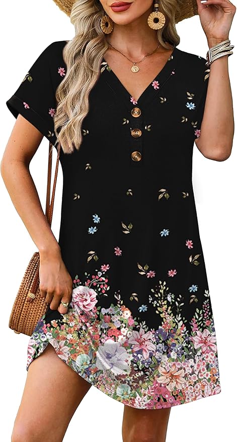 WIHOLL Summer Dresses for Women with Sleeves Midi Dress Button Down Beach Vacation Casual Dresses Fashion Clothing