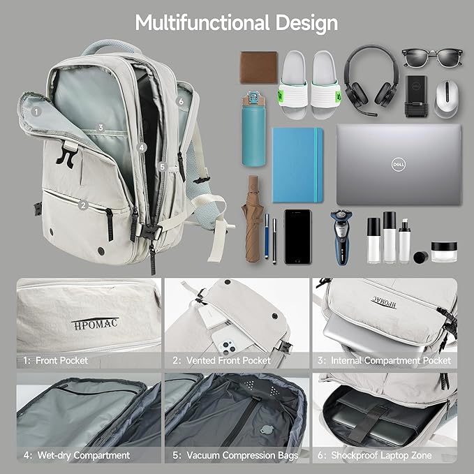 Vacuum Compression Backpack for Travel, Carry-On Backpack with Vacuum System & Pump, Packs Like 55L for 5-7 Day Trips, Fits 17" Laptop, Water-Resistant Business Travel Backpack for Men/Women