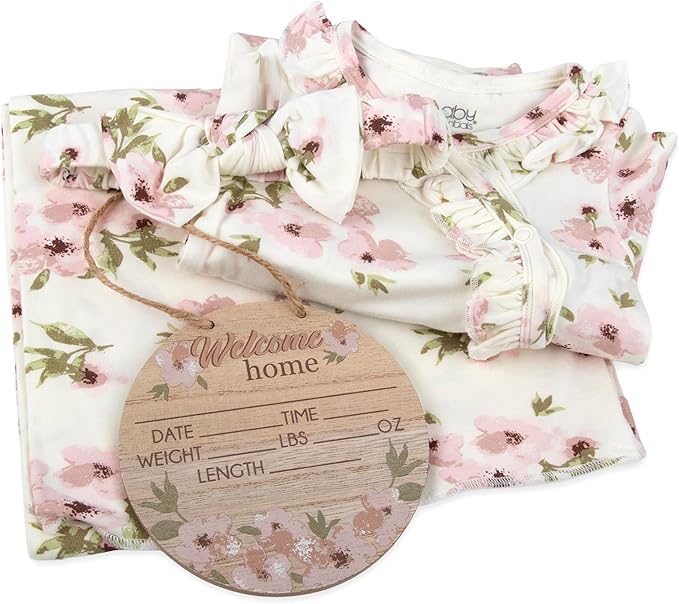Newborn Baby 4 Piece Coming Home Outfit Gift Set – Footie Sleeper, Blanket, Headband & Ornament for Boys & Girls