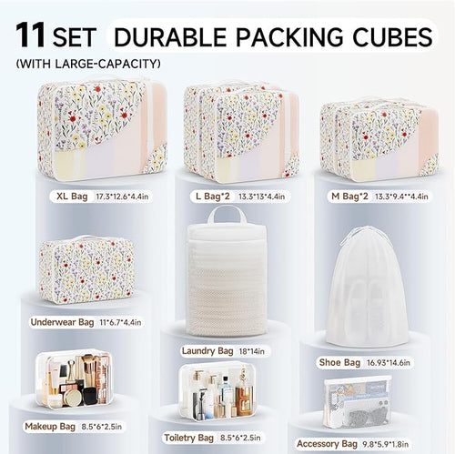 11 Set Packing Cubes for Travel, Gifts for Women Mom Kids, TSA Approved Bags for Makeup, Cosmetic, Toiletry, Suitcase Organizers for Checked Luggage,Cruise Essentials,Airplane Accessories,White Floral