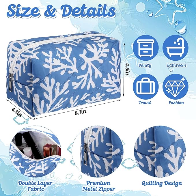 Hillban Ocean Quilted Cosmetic Bag Ocean Themed Gift Starfish Coral Seashell Essential Makeup Bag for Women Summer Travel Vacation Survival Kit Mother's Day Bulk Gift 8.7 x 4.3 x 4.3 in(Seaweed)