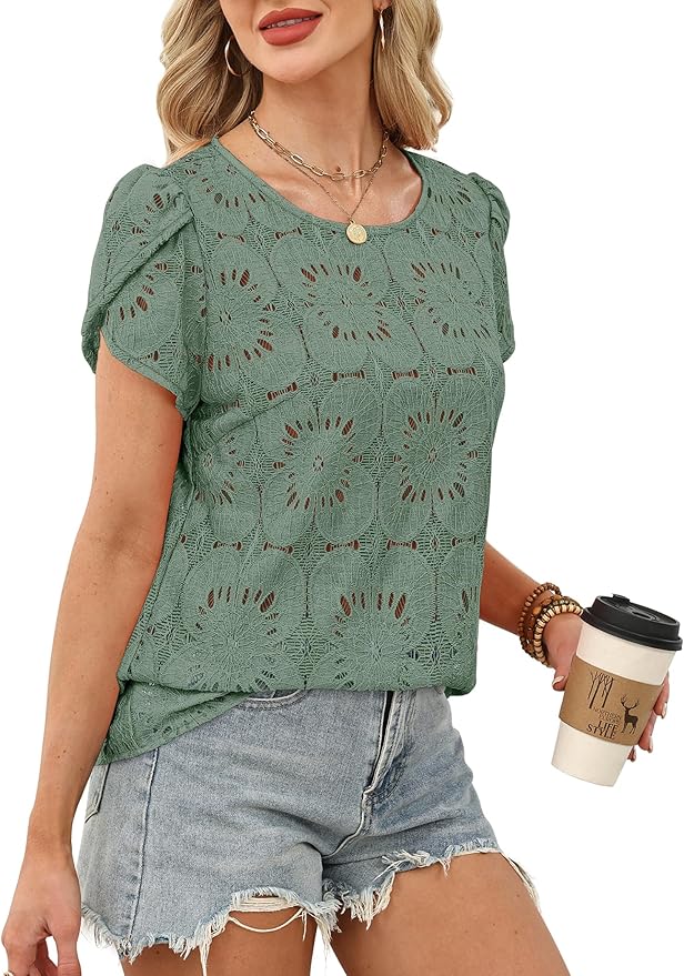 OFEEFAN Blouses for Women Dressy Casual Petal Short Sleeve Shirts Crochet Lace Boho Tops Spring Fashion Summer Outfits