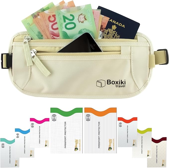 Boxiki Travel Beige Money Belt with RFID Sleeves Set - Secure Travel Pouch and RFID Card Holder to Protect Cash, Credit Cards and Travel Documents for Men and Women