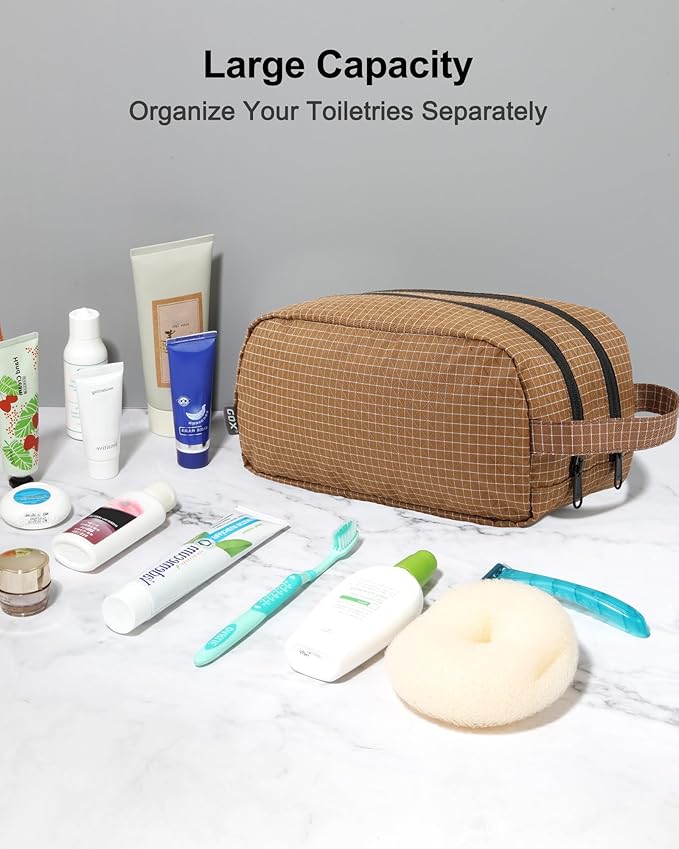 GOX Small Travel Toiletry Bag for Men, Dopp Kit, Water-Repellent Nylon, TSA Carry-On Leakproof Cosmetic Organizer (10.4"x5.5"x5.1") & Carry Handle (Brown)