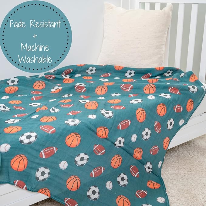 LollyBanks Muslin Swaddle Blankets, 100% Cotton Baby Swaddle Blanket for Boys, Large 47 x 47 Inches Newborn Swaddles, Soft and Breathable Baby Receiving Blankets, Registry (Sports Theme Print)
