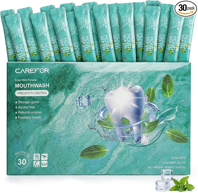 CAREFOR Mouthwash Travel Size Portable Packets to Go, Alcohol & Fluoride Free Fresh Mint MouthwashStrips for Superior Oral Hygiene,30 Individual Disposable Mouthwash Packs(Pack of 30)