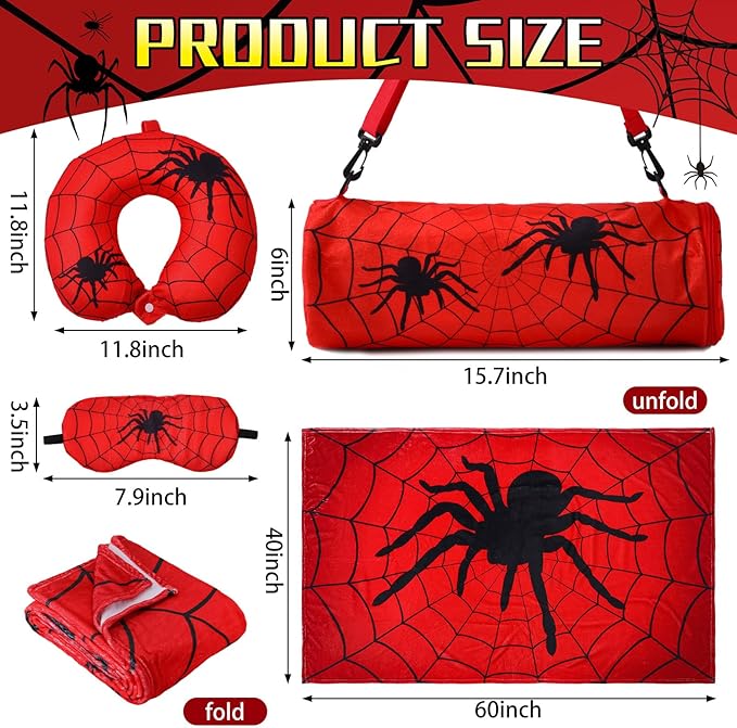Moukeren 4 Pcs Spider Travel Pillow and Blanket Set Travel Airplane Essentials with Memory Foam Neck Pillow Soft Fleece Blanket Eye Mask and Spider Storage Bag for Boys Girls Sleeping Use