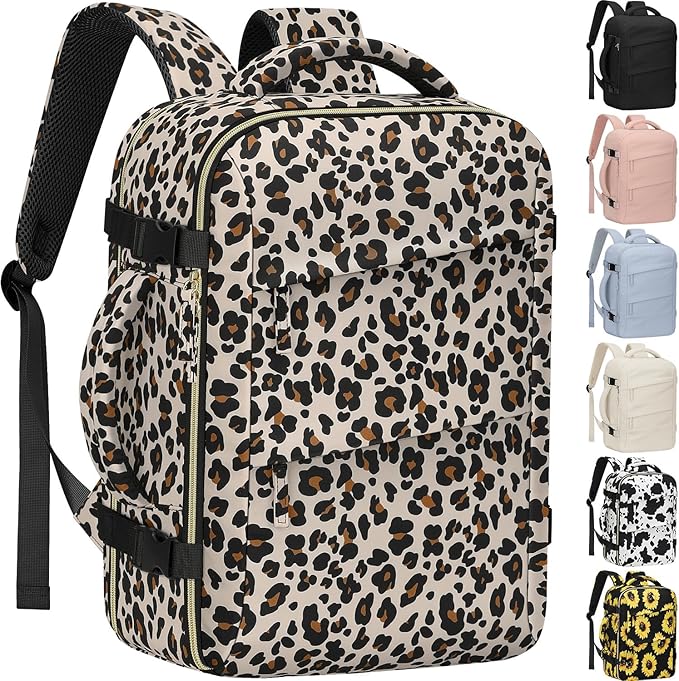 Tenot Carry on Backpack for Women TSA Approved 15.6 Inch Travel Laptop Backpack for Women Travel Essentials Foldable Womens Travel Backpack Suitcase Leopard Print