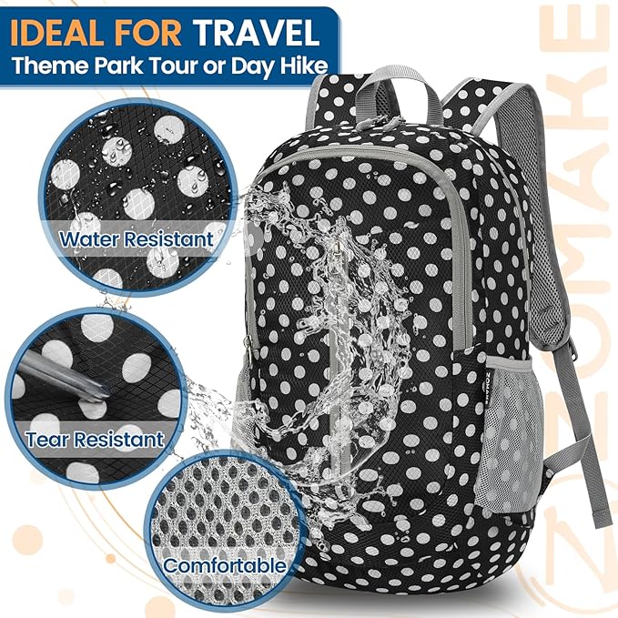 ZOMAKE Ultra Lightweight Packable Backpack 25L - Foldable Hiking Backpacks Water Resistant Small Folding Daypack for Travel(Black,White polka dots)