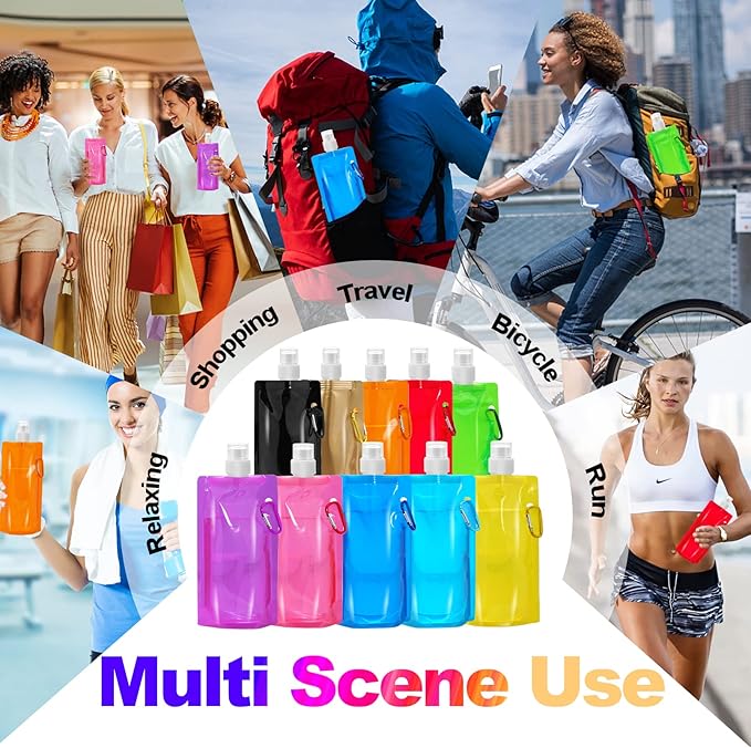 smilixin 10 Pack Collapsible Water Bottles,Reusable Drinking Water Bags with Carabiner Clip,480ml Travel Water Bottle,Leak Proof Water Bottles for Camping,Hiking Travel,Gym,Sports,Biking,BPA Free