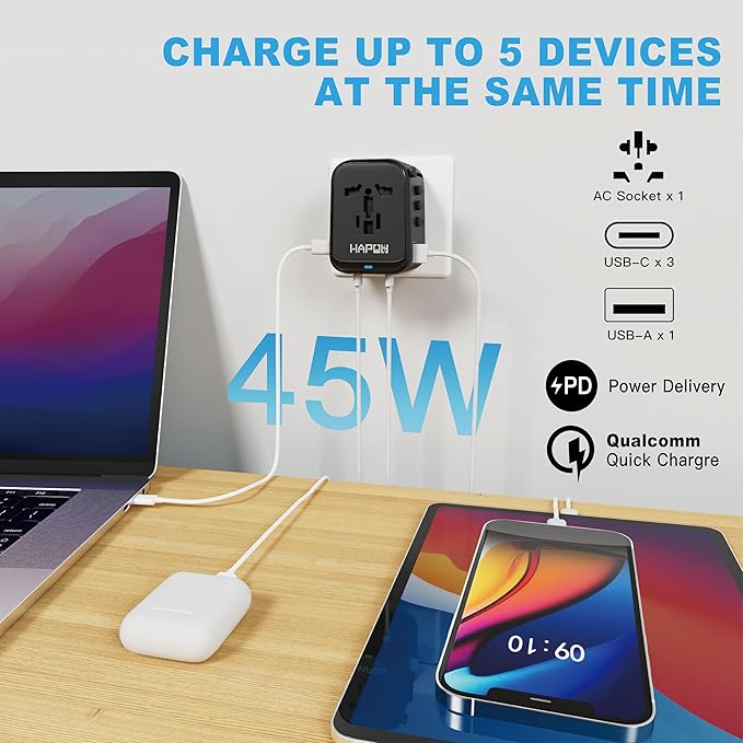 HAPOW Universal Travel Adapter, GaN 45W International Power Adapter, 3 USB-C & 1 USB-A Fast Charging Travel Charger, All in One Worldwide Travel Plug Adapter, Outlet Adapter for Europe UK USA AU